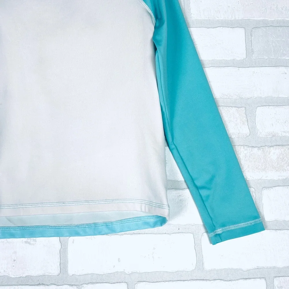 Kids Mermaid Tail Long Sleeve Rash Guard Swim Top Aqua White Holographic Waves M